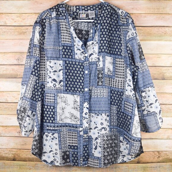 Take Two Womens XL Blue Floral Patchwork Print Button Up Blouse Top 3/4 Sleeve - Picture 1 of 4